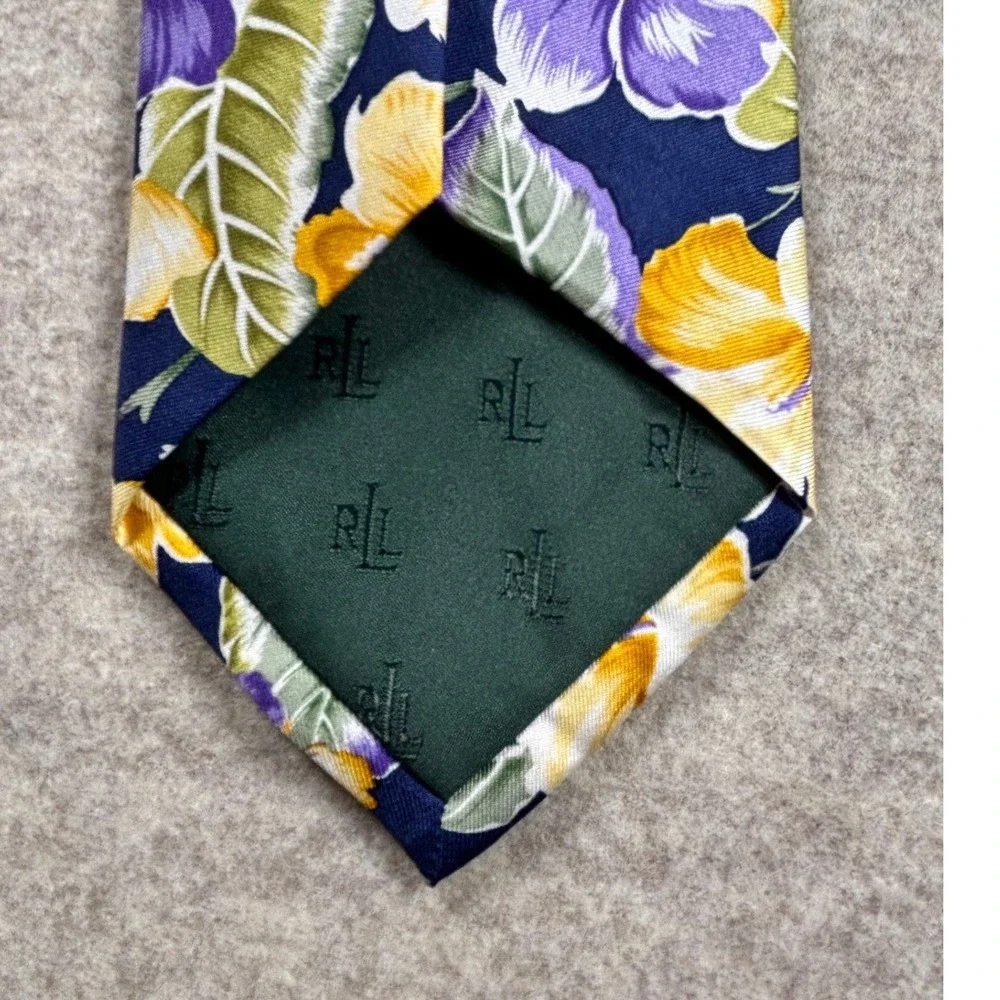 Lauren Ralph Lauren Mens Silk Tie Navy Purple Yellow Tropical Floral Hibiscus